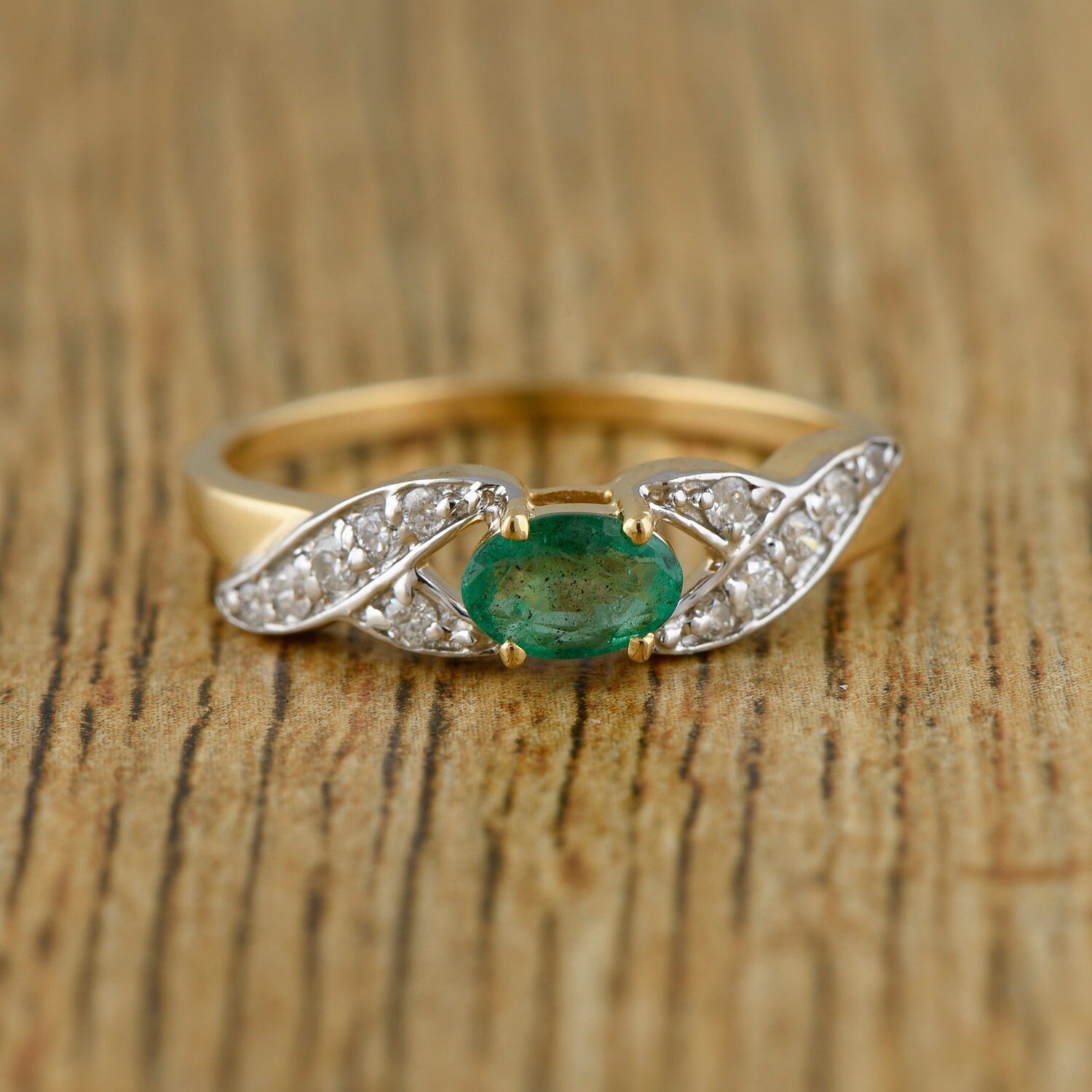 18K Gelbgold Smaragdring Diamant Akzent, Zertifizierte Edelstein-Verlobungsringe von JaipurjewelsStore