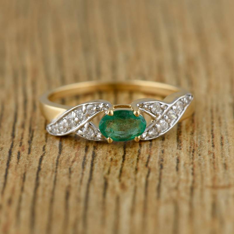 18K Gelbgold Smaragdring Diamant Akzent, Zertifizierte Edelstein-Verlobungsringe von JaipurjewelsStore