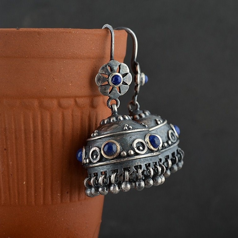 Blaue Lapis Jhumka Ohrringe 925 Sterling Silber Vintage Oxidierte Ohrringe von JaipurjewelsStore