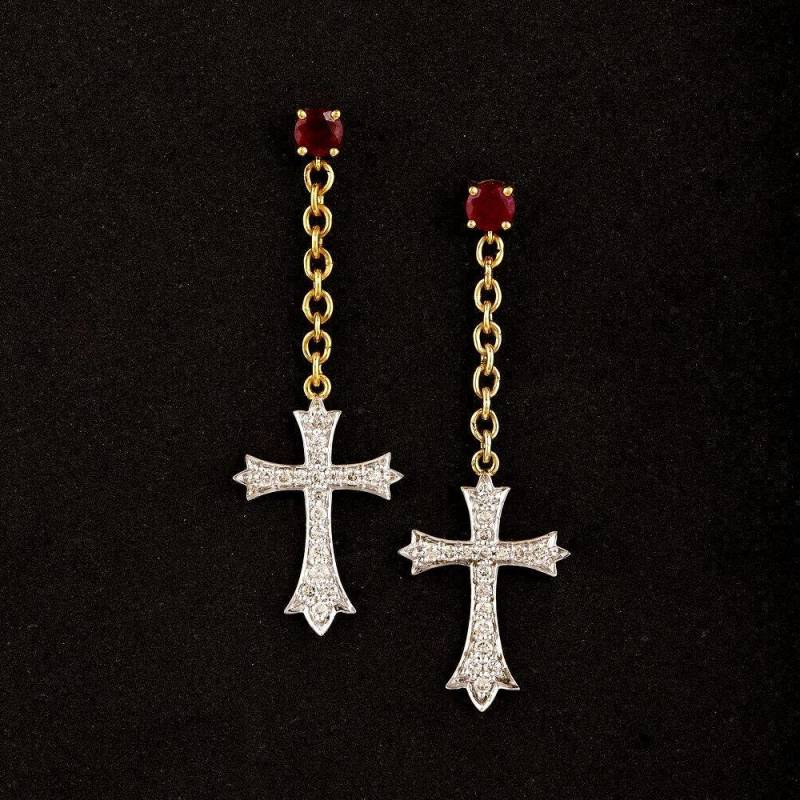 Natürliche Rubin Diamant Kreuz Ohrringe 14K Gelbgold Religiöser Weihnachtsgeschenk Schmuck von JaipurjewelsStore