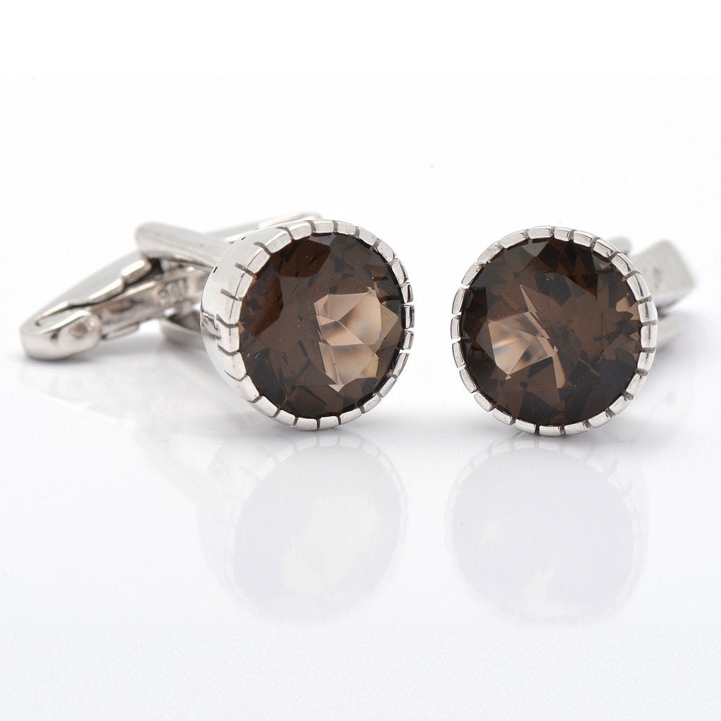 sterling Silber Rauchquarz Manschettenknöpfe - Rund Cut Edelstein Herren Manschettenknopf Schmuck von JaipurjewelsStore