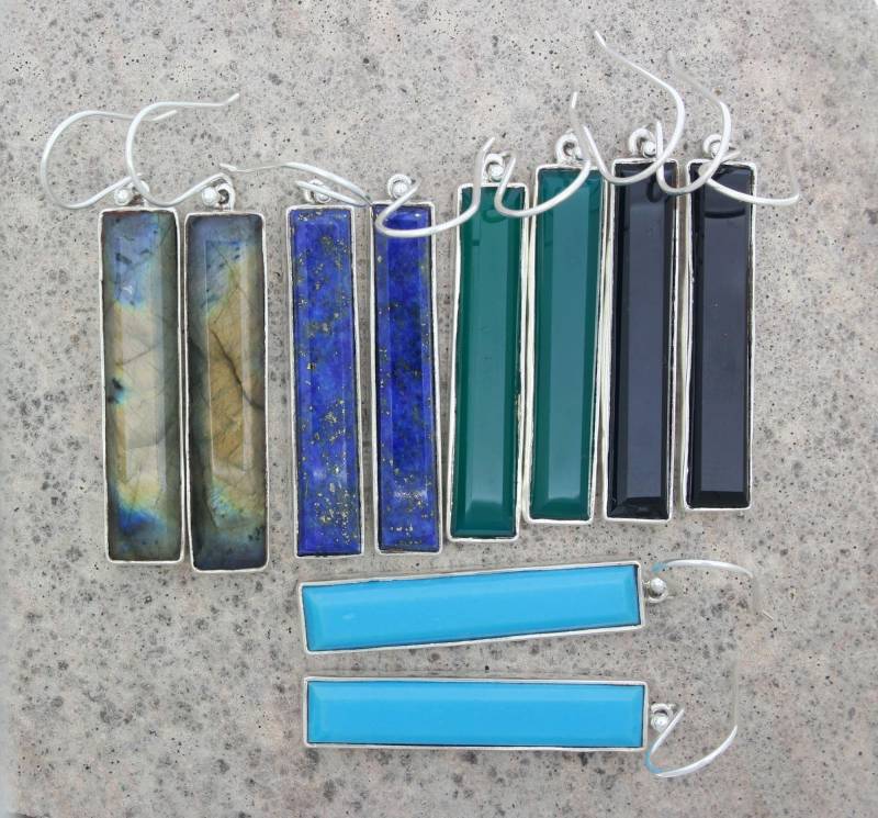 Labradorit Lapislazuli Türkis Grün Onyx Schwarz Rechteck Form Leichte Lange Baumeln Sterling Silber Ohrringe von JaipursilverjewIndia