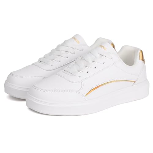 Jakcuz Frauen Walking Skate Schuhe Anti Slip Gym Runde Zehe Lace Up Komfort Flach Atmungsaktiv Sneakers Mode Reisen Weiß Goldene Schuhe Größe 40 von Jakcuz