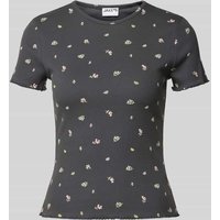 Jake*s Casual T-Shirt in Ripp-Optik mit floralem Muster in Dunkelgrau, Größe S von Jake*s Casual