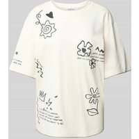 Jake*s Casual T-Shirt mit geripptem Rundhalsausschnitt in Offwhite, Größe S von Jake*s Casual