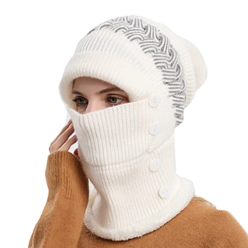 Jalach Damen Sturmhaube Winter Mütze Schal Gesichtsmaske warm gefüttert Ohrenschützer Strickmütze mit Bommel Balaclava Strick Skimütze Radfahren Wintermütze (Weiß) von Jalach