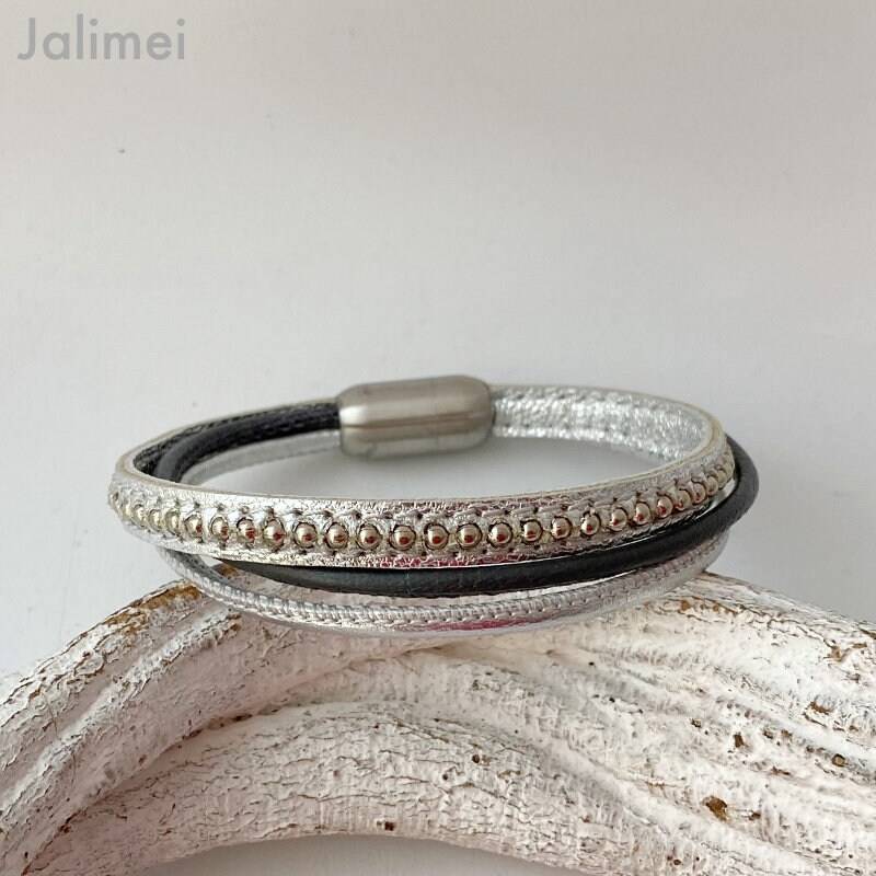 Armband Leder Chainball Silber Grau von Jalimei