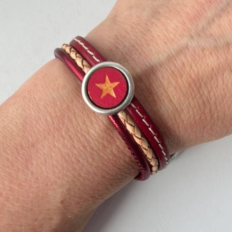 Armband Leder Mit Cabochon Stern Weinrot Beige von Jalimei