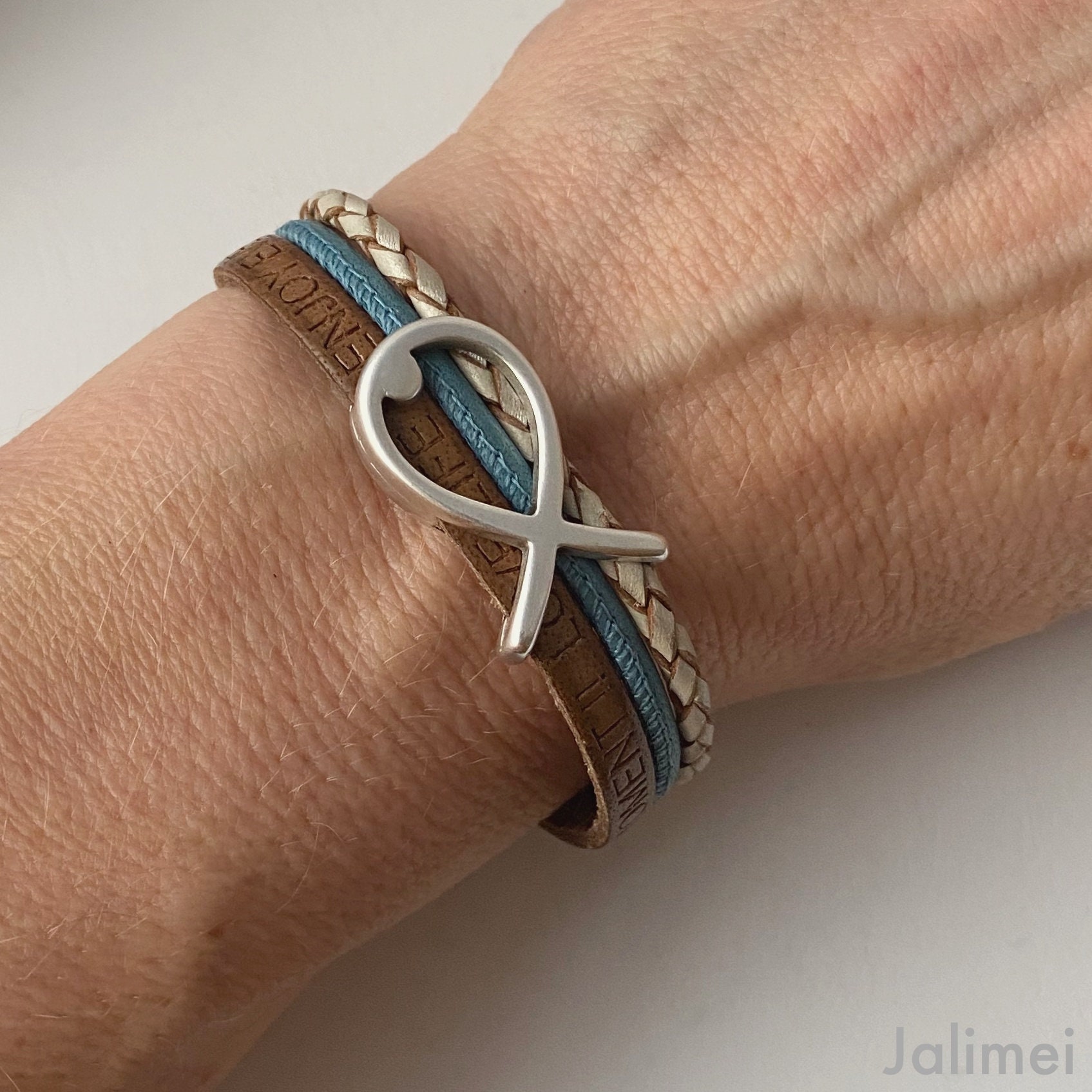 Armband Leder Mit Fisch Beige Konfirmation Kommunion Taufe Geschenk von Jalimei