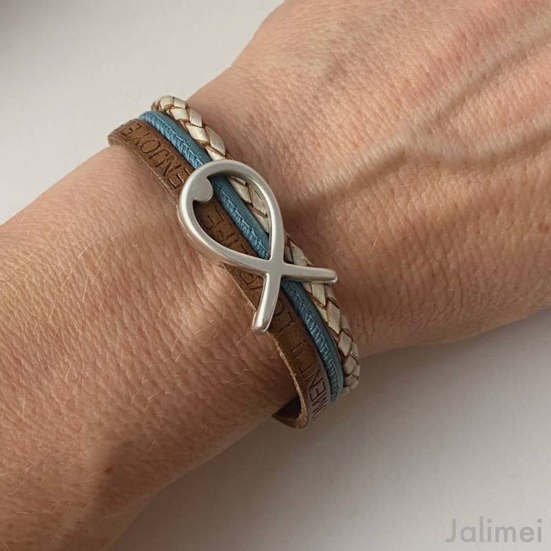 Armband Leder Mit Fisch Beige Konfirmation Kommunion Taufe Geschenk von Jalimei