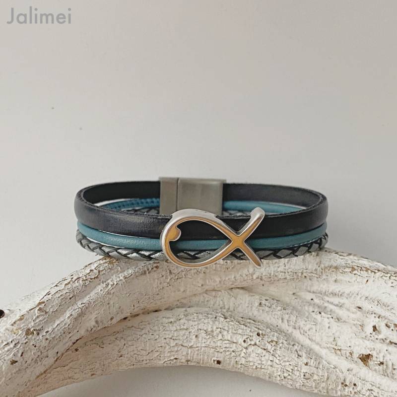 Armband Leder Mit Fisch Konfirmation Kommunion Taufe Anthrazit Blau Geschenk von Jalimei