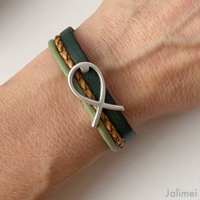 Armband Leder Mit Fisch Konfirmation Kommunion Taufe Grün Braun Geschenk von Jalimei