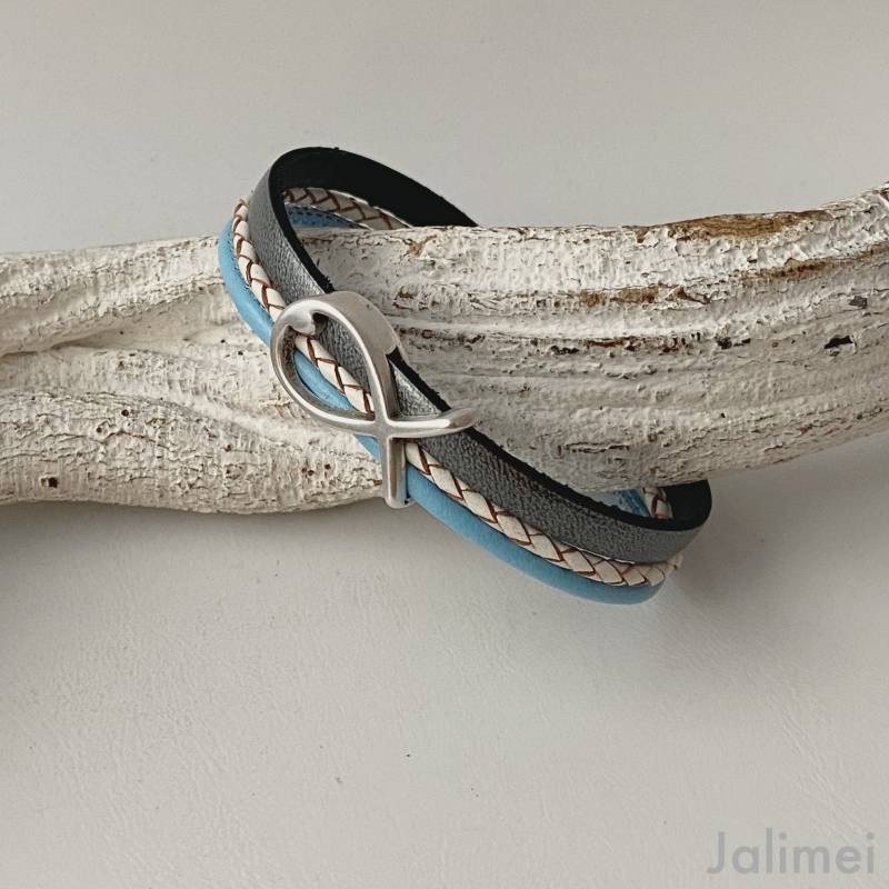 Armband Leder Mit Fisch Konfirmation Kommunion Taufe Weiß Grau Blau Geschenk von Jalimei