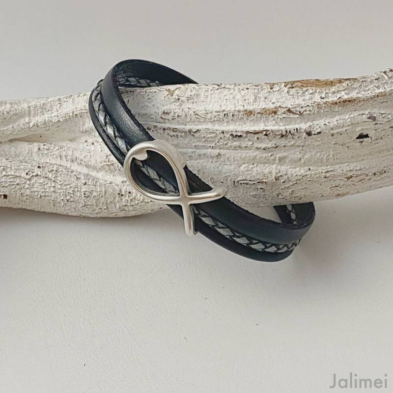 Armband Leder Mit Fisch Schwarz Grau Konfirmation Kommunion Taufe Geschenk von Jalimei