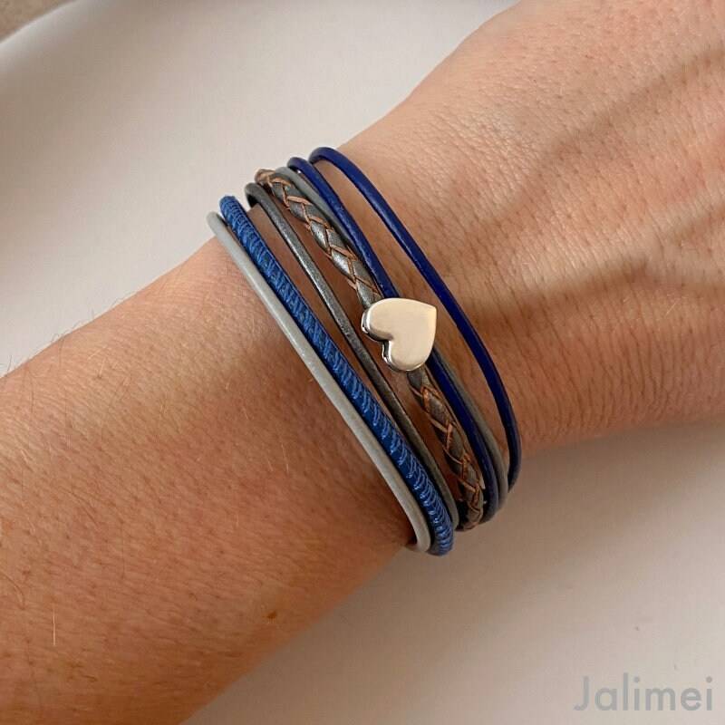 Armband Leder Mit Kleinem Herz in Blau Und Grau von Jalimei