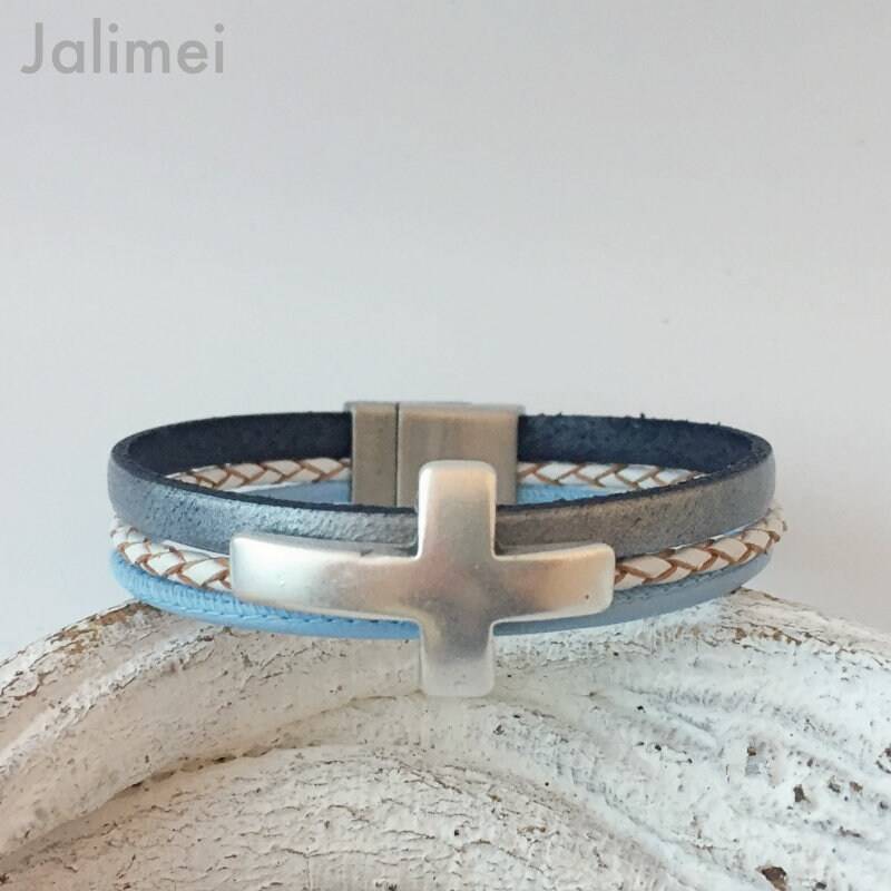 Armband Leder Mit Kreuz Konfirmation Grau Hellblau von Jalimei