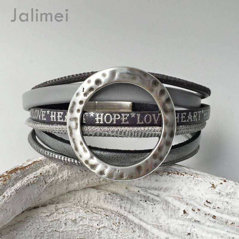 Armband Leder Mit Offener Scheibe Grau von Jalimei