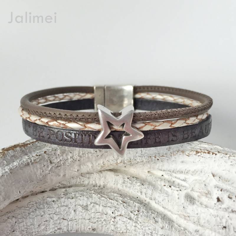 Armband Leder Mit Stern Grau Taupe von Jalimei