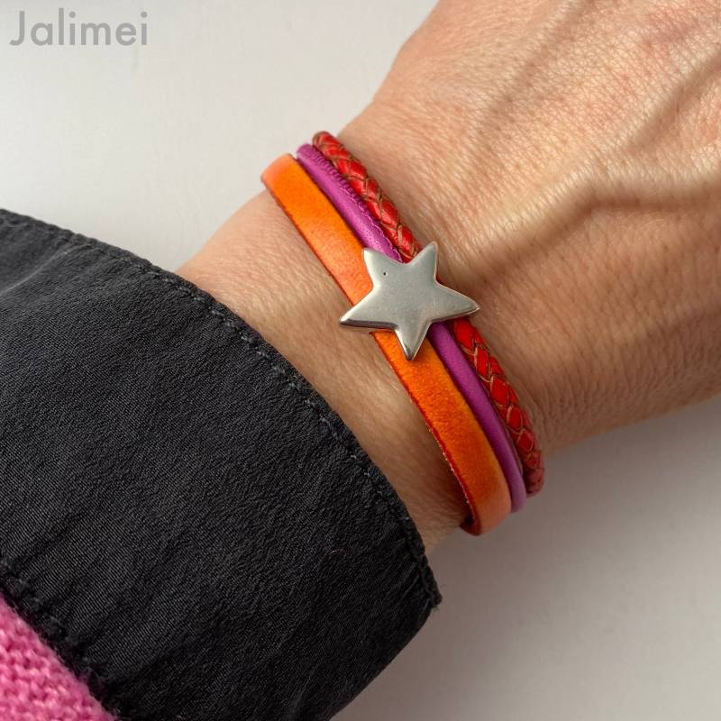 Armband Leder Mit Stern Orange Pink Rot von Jalimei