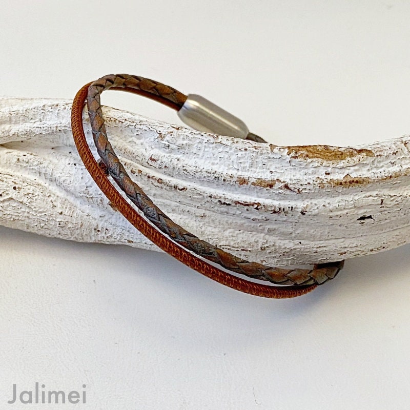 Armband Leder Nappa Und Geflochten Herren Vintagegrau Braun von Jalimei