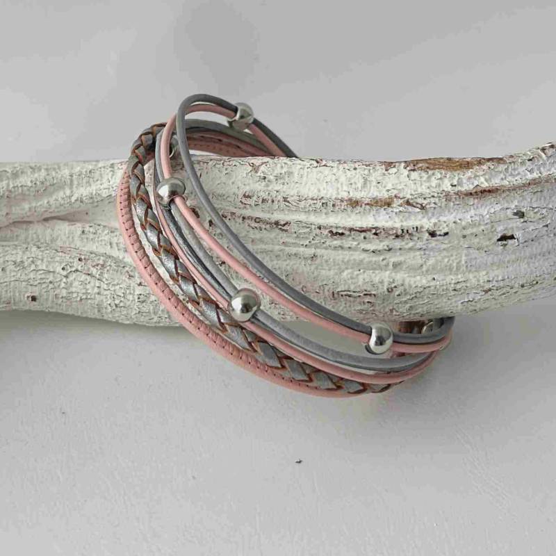 Armband Leder Nappa Rosa Grau Mit Perlchen von Jalimei