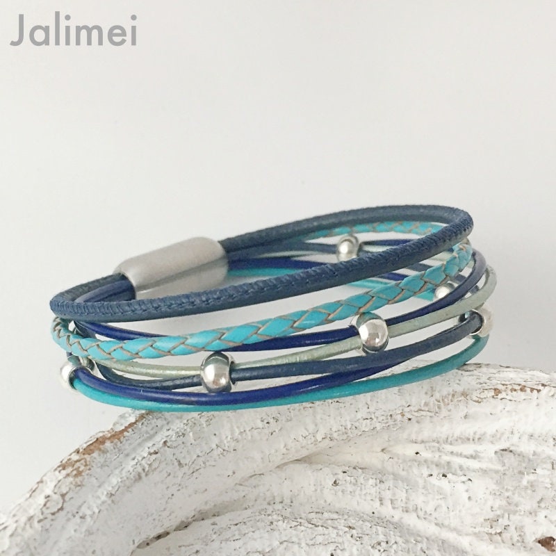 Armband Leder Nappa Türkis Blau Damen Mit Perlen von Jalimei