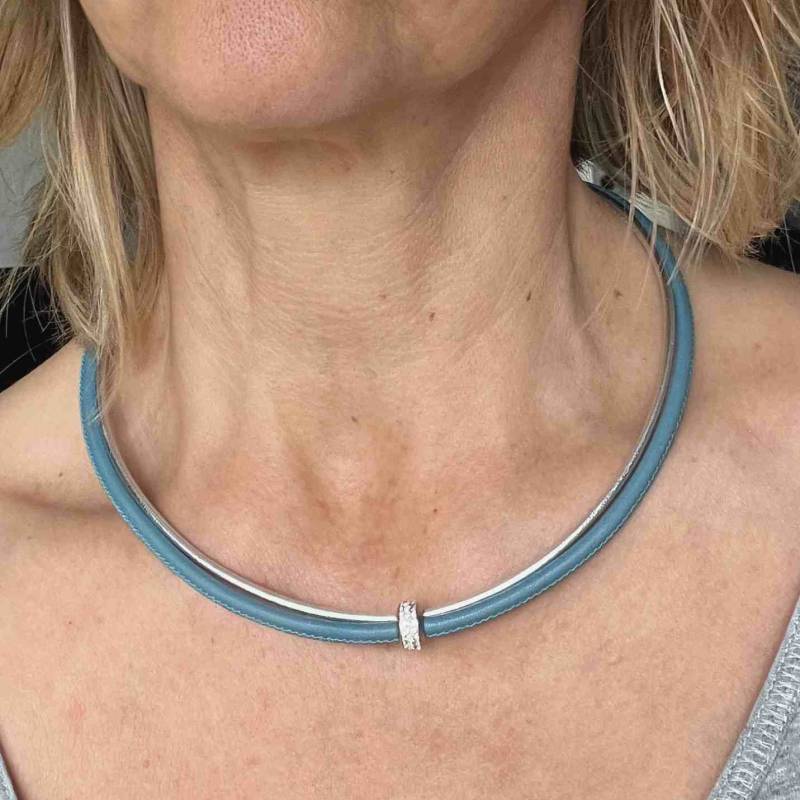 Kette Ledercollier Damen Strassrondell Rauchblau Silber von Jalimei