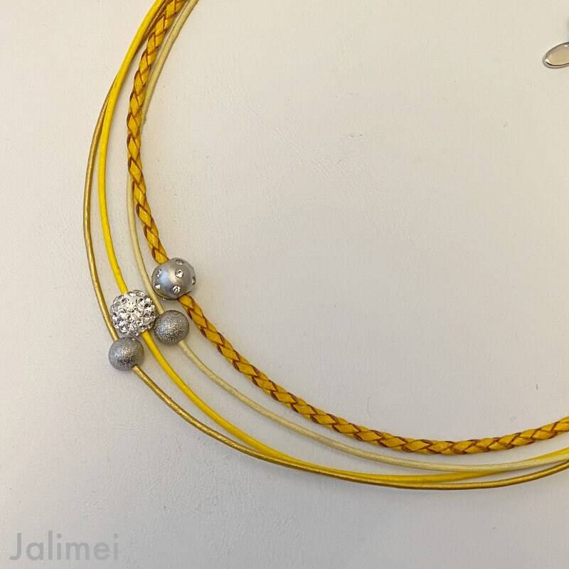 Kette Ledercollier Glitzer Damen Mit Kugeln Gelb Gold von Jalimei