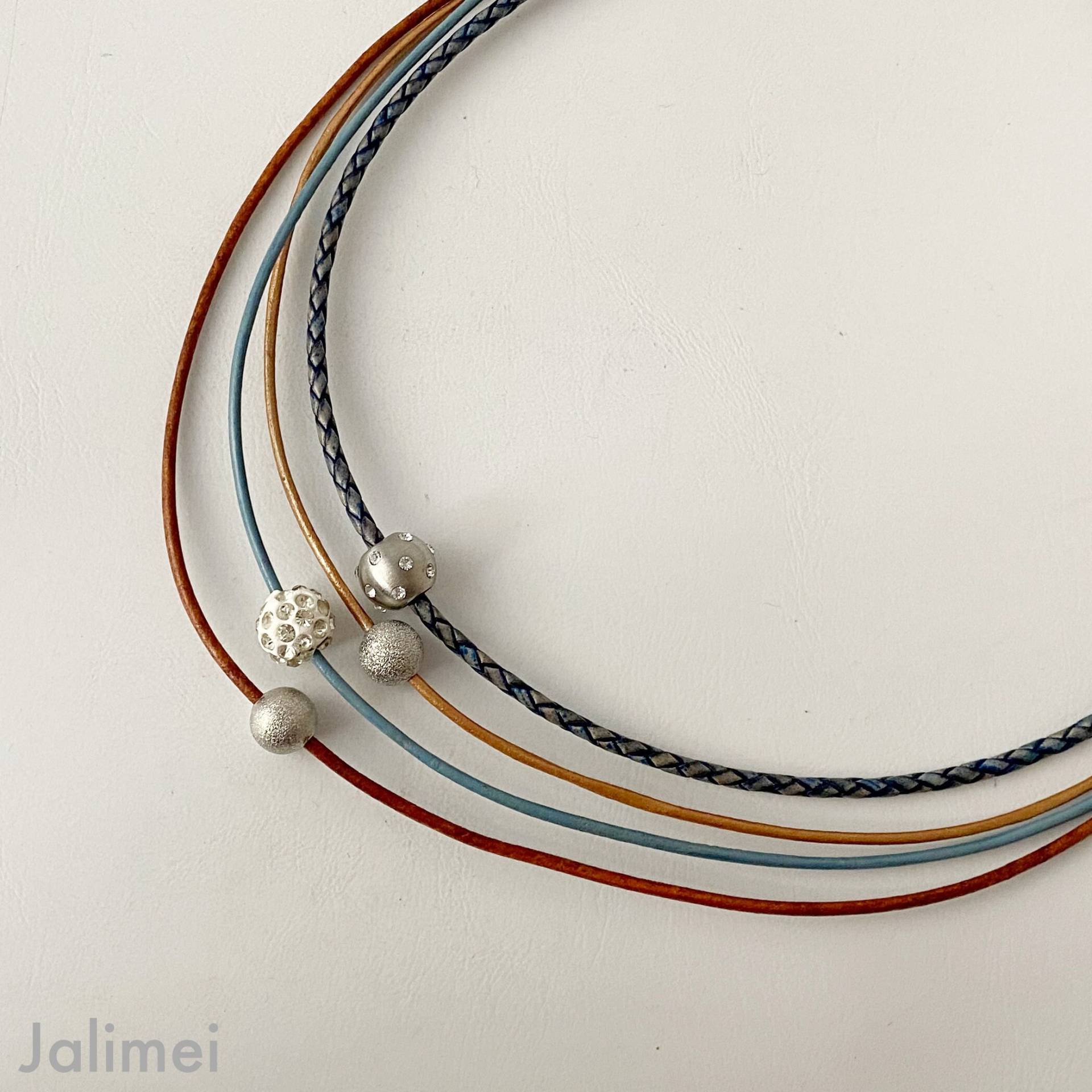 Kette Ledercollier Glitzer Damen Mit Stern Antikblau Cognac von Jalimei