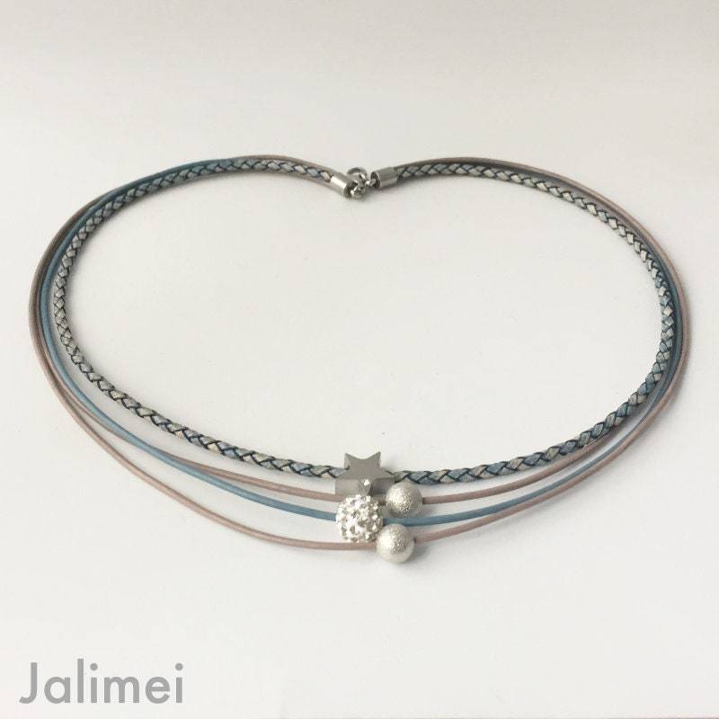 Kette Ledercollier Glitzer Damen Mit Stern Blau Taupe von Jalimei