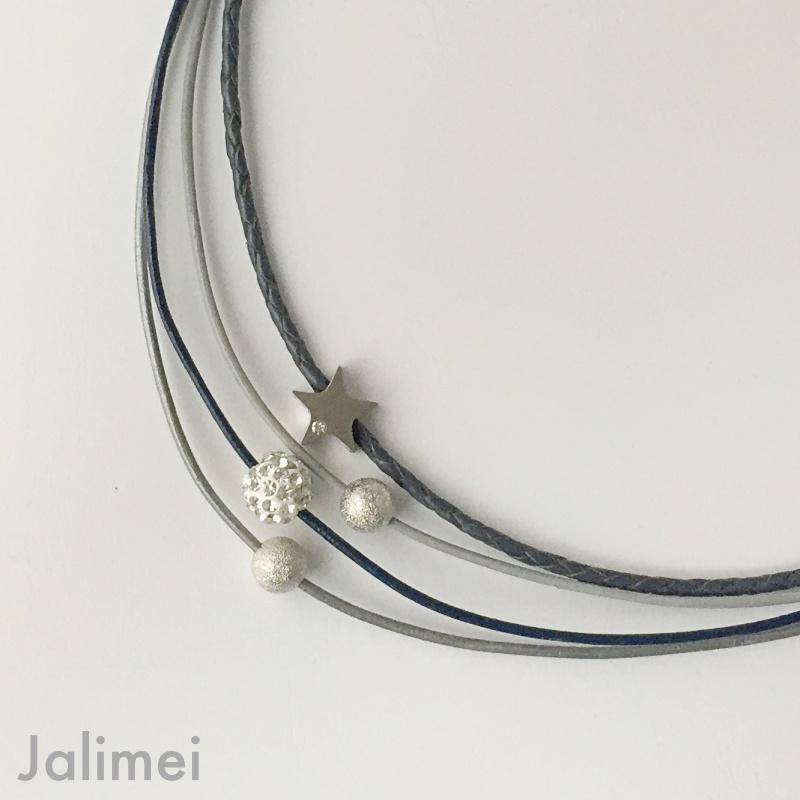 Kette Ledercollier Glitzer Damen Mit Stern Dunkelblau Grau von Jalimei
