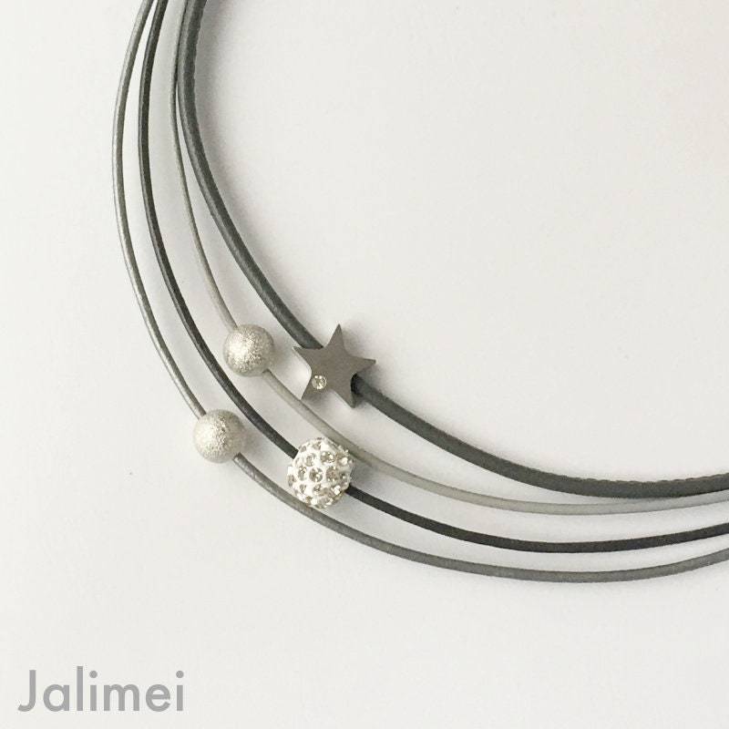 Kette Ledercollier Glitzer Damen Mit Stern Grau von Jalimei