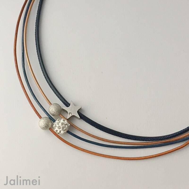 Kette Ledercollier Glitzer Damen Mit Stern Navy Cognac von Jalimei