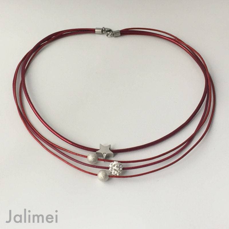 Kette Ledercollier Glitzer Damen Mit Stern Rot von Jalimei