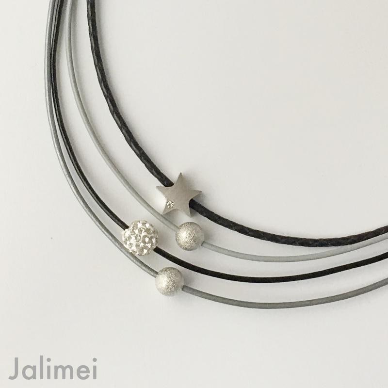 Kette Ledercollier Glitzer Damen Mit Stern Schwarz Grau von Jalimei