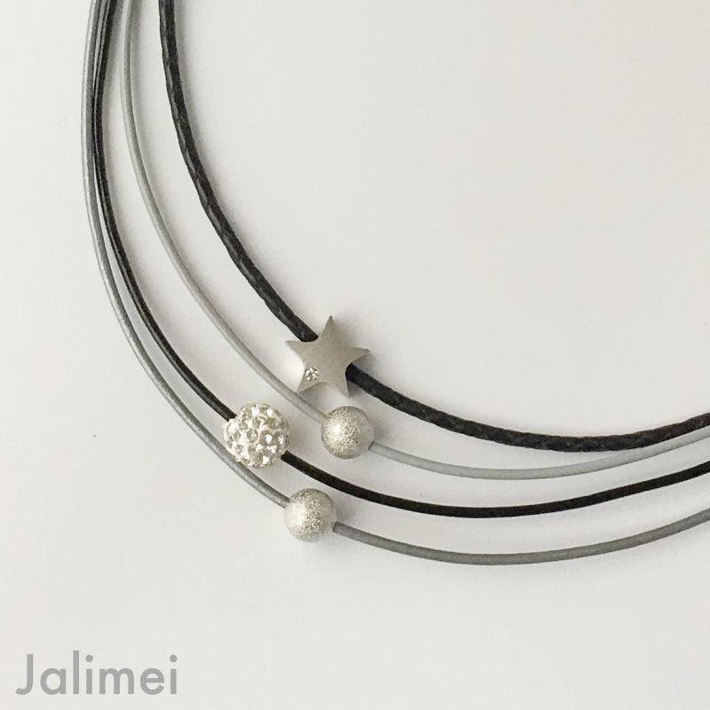 Kette Ledercollier Glitzer Damen Mit Stern Schwarz Grau von Jalimei