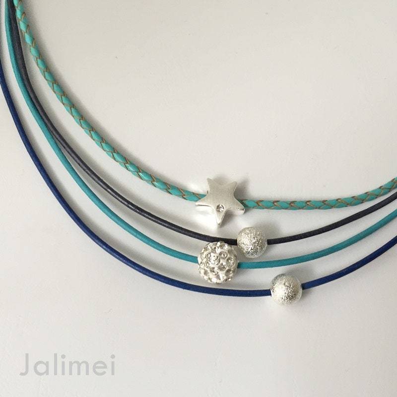 Kette Ledercollier Glitzer Damen Mit Stern Türkis-Blau von Jalimei