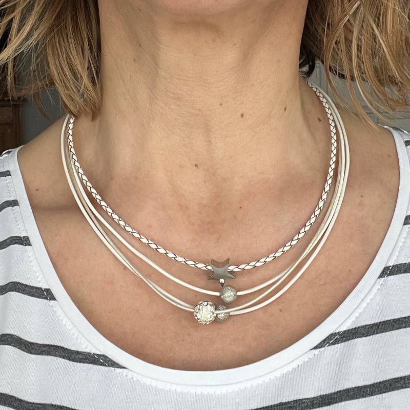 Kette Ledercollier Glitzer Damen Mit Stern Weiss von Jalimei