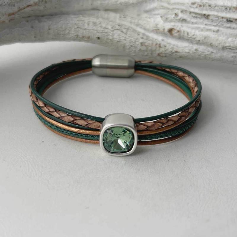 Leder Armband Mit Glitzerstein Grün Beige Damen von Jalimei