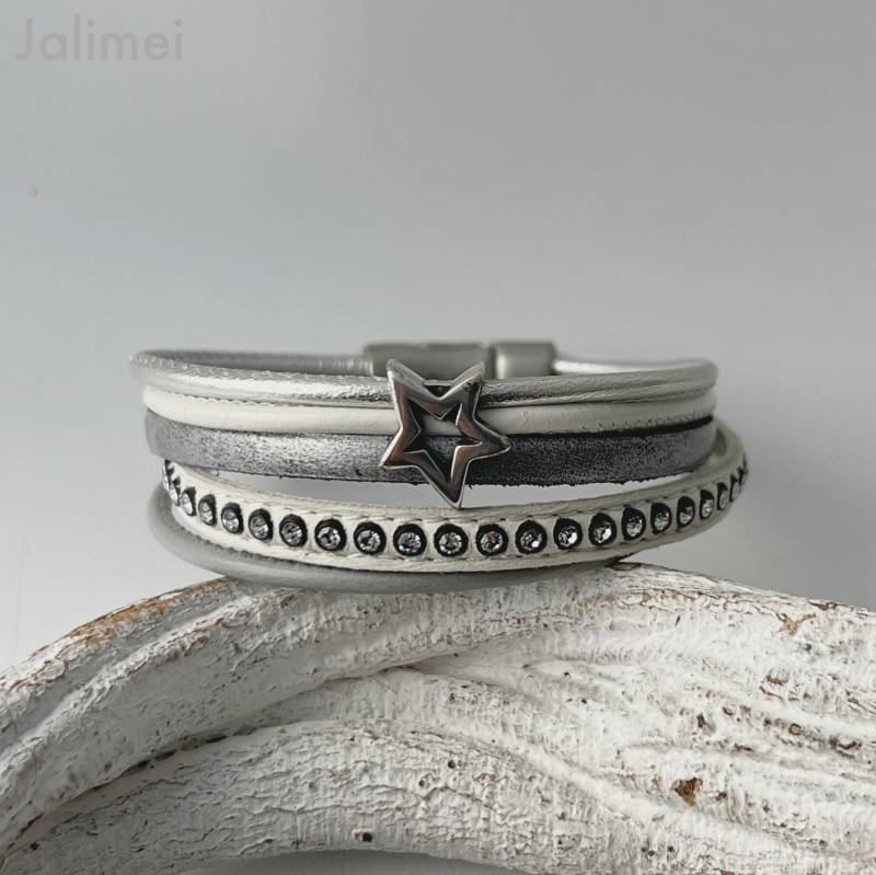 Lederarmband Mit Stern Und Glitzer in Grau Weiß von Jalimei