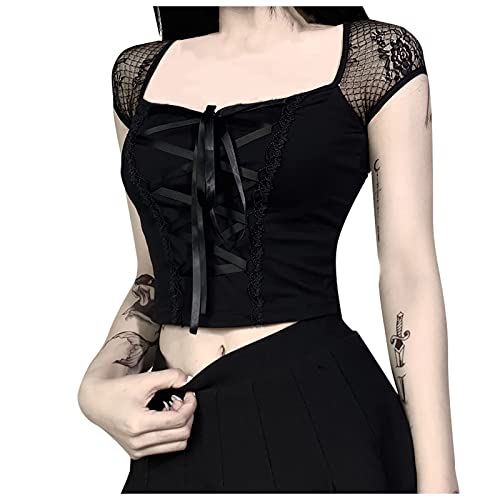 Damen Gothic Oberteil Shirt Sexy Spitze Crop Top Aesthetic Bauchfrei Rock Moon Druck Schwarz Punk Harajuku Stil Vintage Karneval Fasching Kostüm von Jalulu