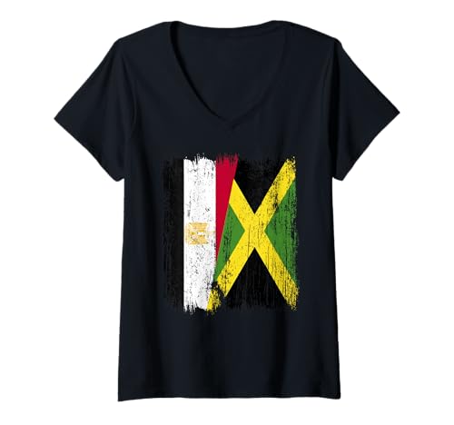 Damen Ägypten, Jamaika, halbe Flagge, ägyptisches Jamaika-Erbe T-Shirt mit V-Ausschnitt Damen Ägypten, Jamaika, halbe Flagge, ägyptisches Jamaika-Erbe T-Shirt mit V-Ausschnitt von Jamaica Flag Designs Proud Jamaican Roots
