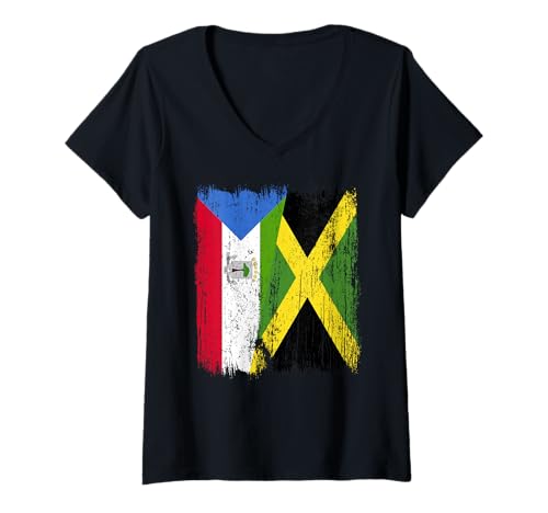 Damen Äquatorialguinea Jamaika Halbflagge Guineisch Jamaika T-Shirt mit V-Ausschnitt von Jamaica Flag Designs Proud Jamaican Roots