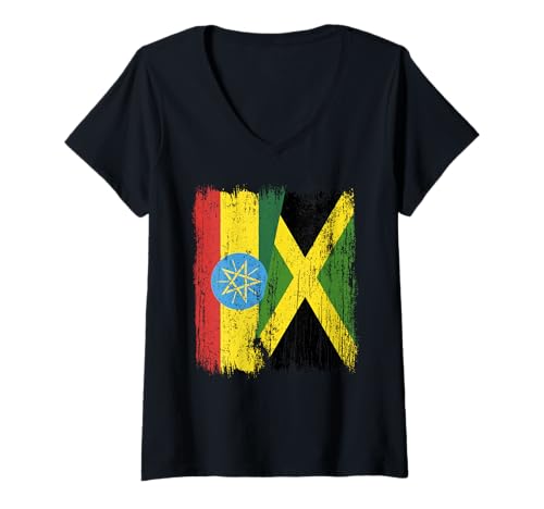 Damen Äthiopien, Jamaika, halbe Flagge, äthiopisches Jamaika-Erbe T-Shirt mit V-Ausschnitt Damen Äthiopien, Jamaika, halbe Flagge, äthiopisches Jamaika-Erbe T-Shirt mit V-Ausschnitt von Jamaica Flag Designs Proud Jamaican Roots