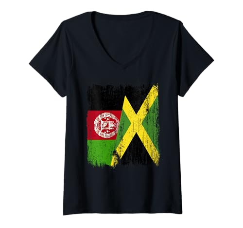 Damen Afghanistan, Jamaika, halbe Flagge, afghanisches Jamaika-Erbe T-Shirt mit V-Ausschnitt Damen Afghanistan, Jamaika, halbe Flagge, afghanisches Jamaika-Erbe T-Shirt mit V-Ausschnitt von Jamaica Flag Designs Proud Jamaican Roots