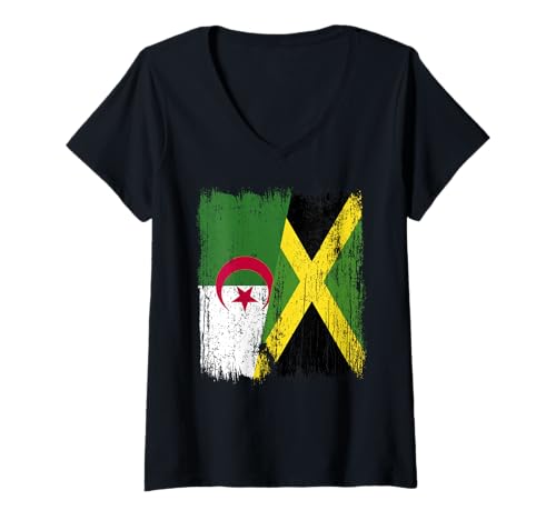 Damen Algerien, Jamaika, halbe Flagge, algerisches Jamaika-Erbe T-Shirt mit V-Ausschnitt Damen Algerien, Jamaika, halbe Flagge, algerisches Jamaika-Erbe T-Shirt mit V-Ausschnitt von Jamaica Flag Designs Proud Jamaican Roots