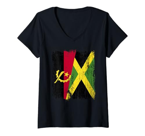 Damen Angola, Jamaika, halbe Flagge, angolanisches Jamaika-Erbe T-Shirt mit V-Ausschnitt Damen Angola, Jamaika, halbe Flagge, angolanisches Jamaika-Erbe T-Shirt mit V-Ausschnitt von Jamaica Flag Designs Proud Jamaican Roots