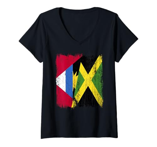 Damen Antigua und Barbuda Jamaika Halbflagge Barbudan Jamaika T-Shirt mit V-Ausschnitt von Jamaica Flag Designs Proud Jamaican Roots