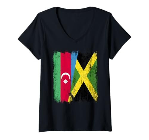 Damen Aserbaidschan Jamaika Halbflagge Aserbaidschan Jamaika Erbe T-Shirt mit V-Ausschnitt Damen Aserbaidschan Jamaika Halbflagge Aserbaidschan Jamaika Erbe T-Shirt mit V-Ausschnitt von Jamaica Flag Designs Proud Jamaican Roots