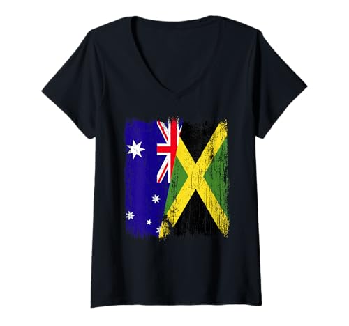 Damen Australien, Jamaika, halbe Flagge, australisches Jamaikanisches Erbe T-Shirt mit V-Ausschnitt Damen Australien, Jamaika, halbe Flagge, australisches Jamaikanisches Erbe T-Shirt mit V-Ausschnitt von Jamaica Flag Designs Proud Jamaican Roots